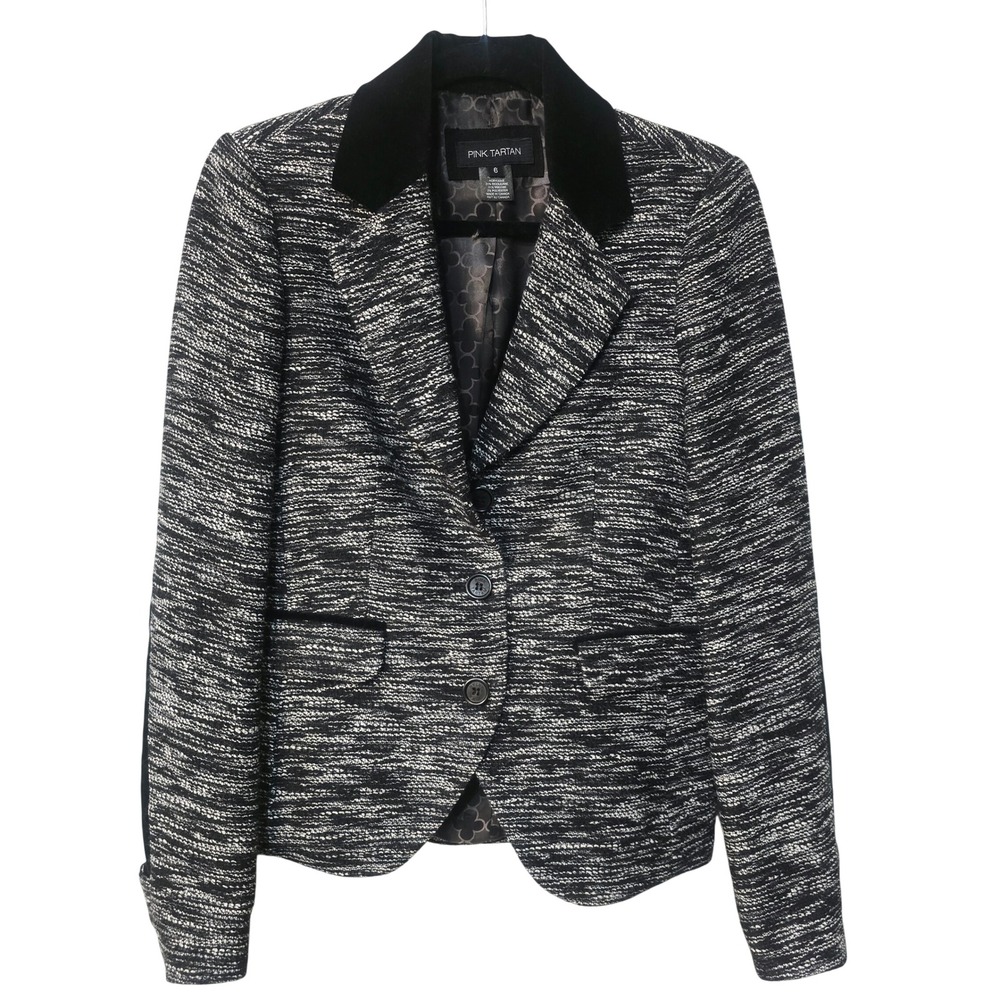 Pink Tartan Women Black White Tweed Blazer Velvet Collar Elbow Patches Size 6